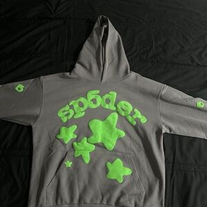 Sp5der Gray Hoodie with Neon Green Stars